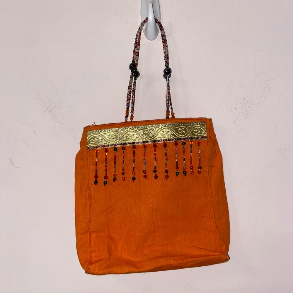 Handmade beaded bag  bright orange and multicolor beads magnetic closure